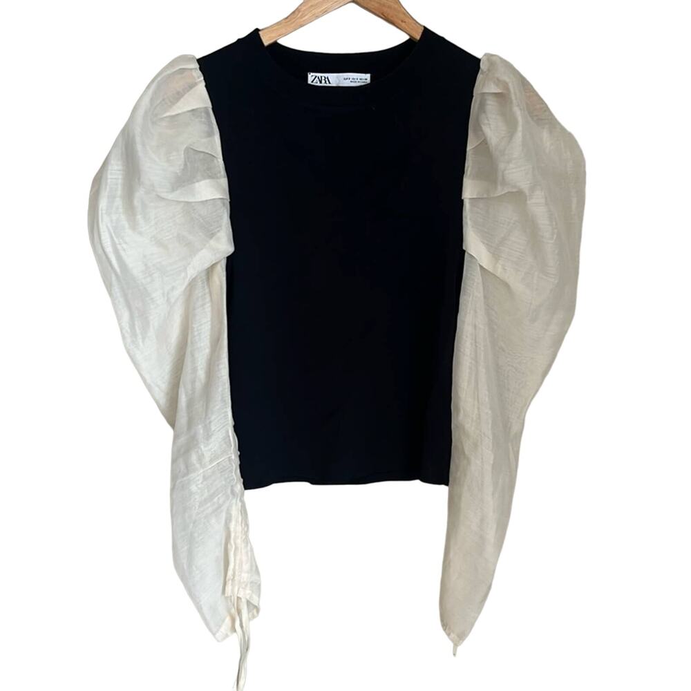 Zara Black Top with Ivory Puff Sleeves